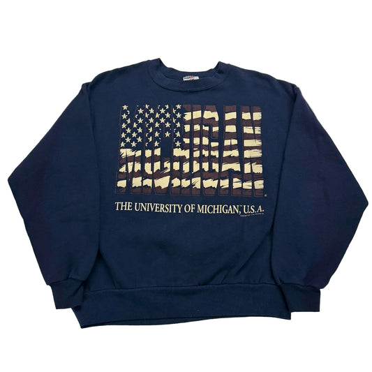 Navy blue sweatshirt with American flag design and 'The University of Michigan, U.S.A.' text on a white background