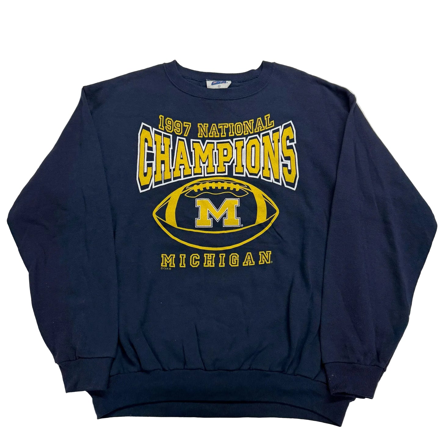 Navy blue sweatshirt with '1997 National Champions Michigan' text and logo on a white background