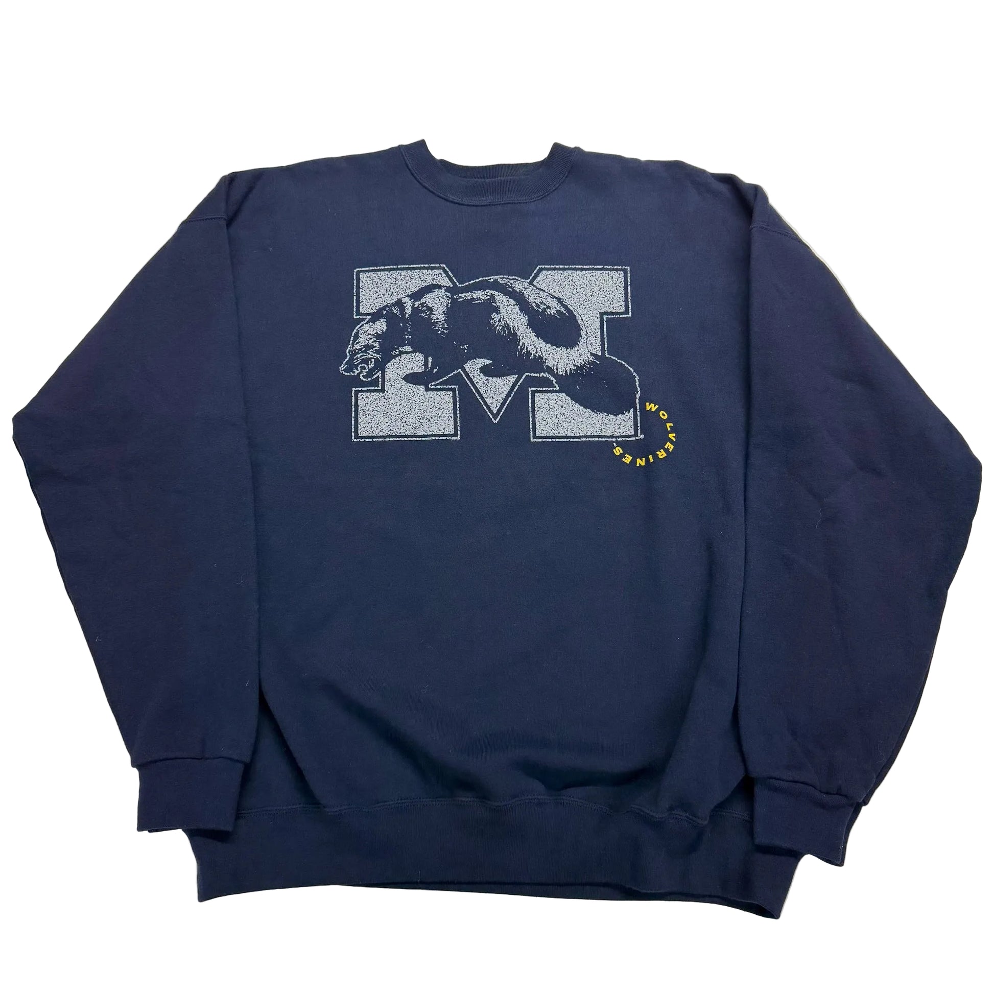 Navy blue sweatshirt with a graphic design on a white surface