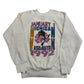 White sweatshirt with graphic design on a white background