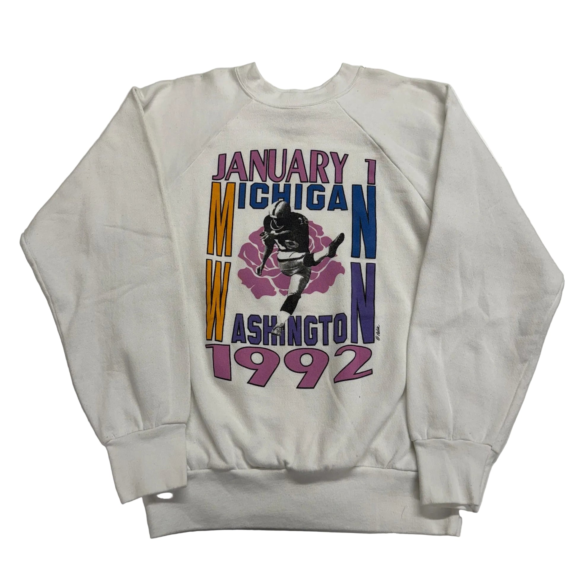 White sweatshirt with graphic design on a white background