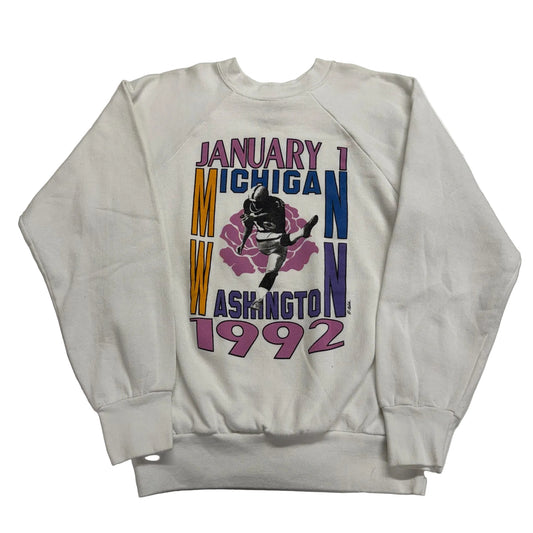 White sweatshirt with graphic design on a white background