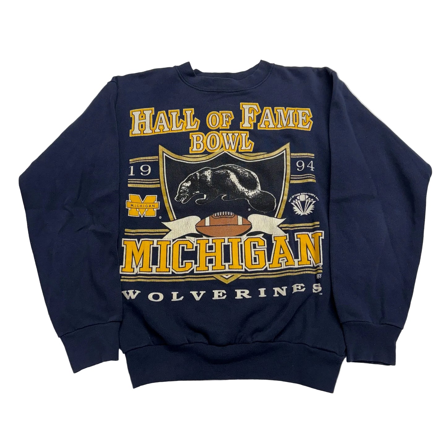 Navy blue sweatshirt with 'Hall of Fame Bowl Michigan Wolverines' print on a white background