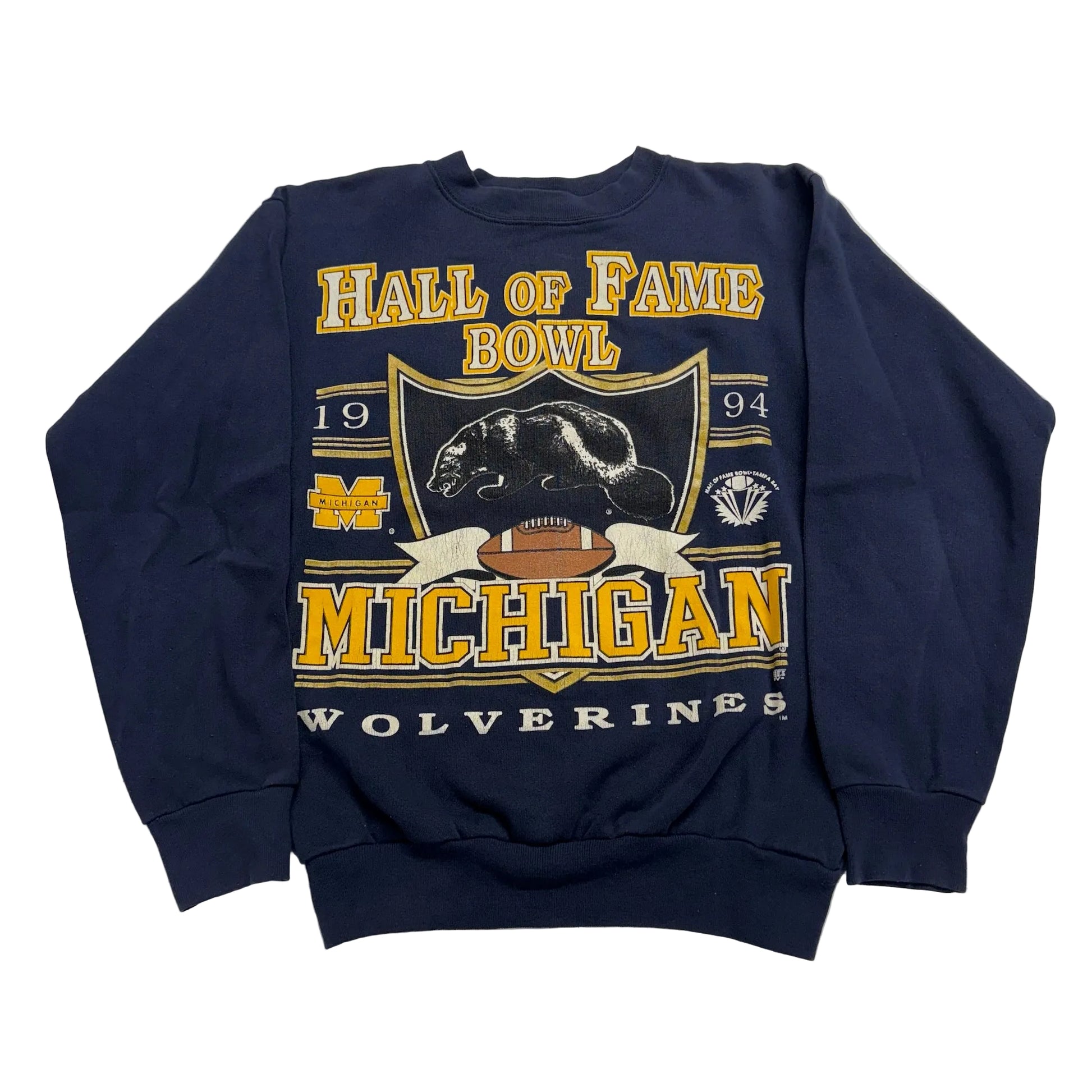 Navy blue sweatshirt with 'Hall of Fame Bowl Michigan Wolverines' print on a white background
