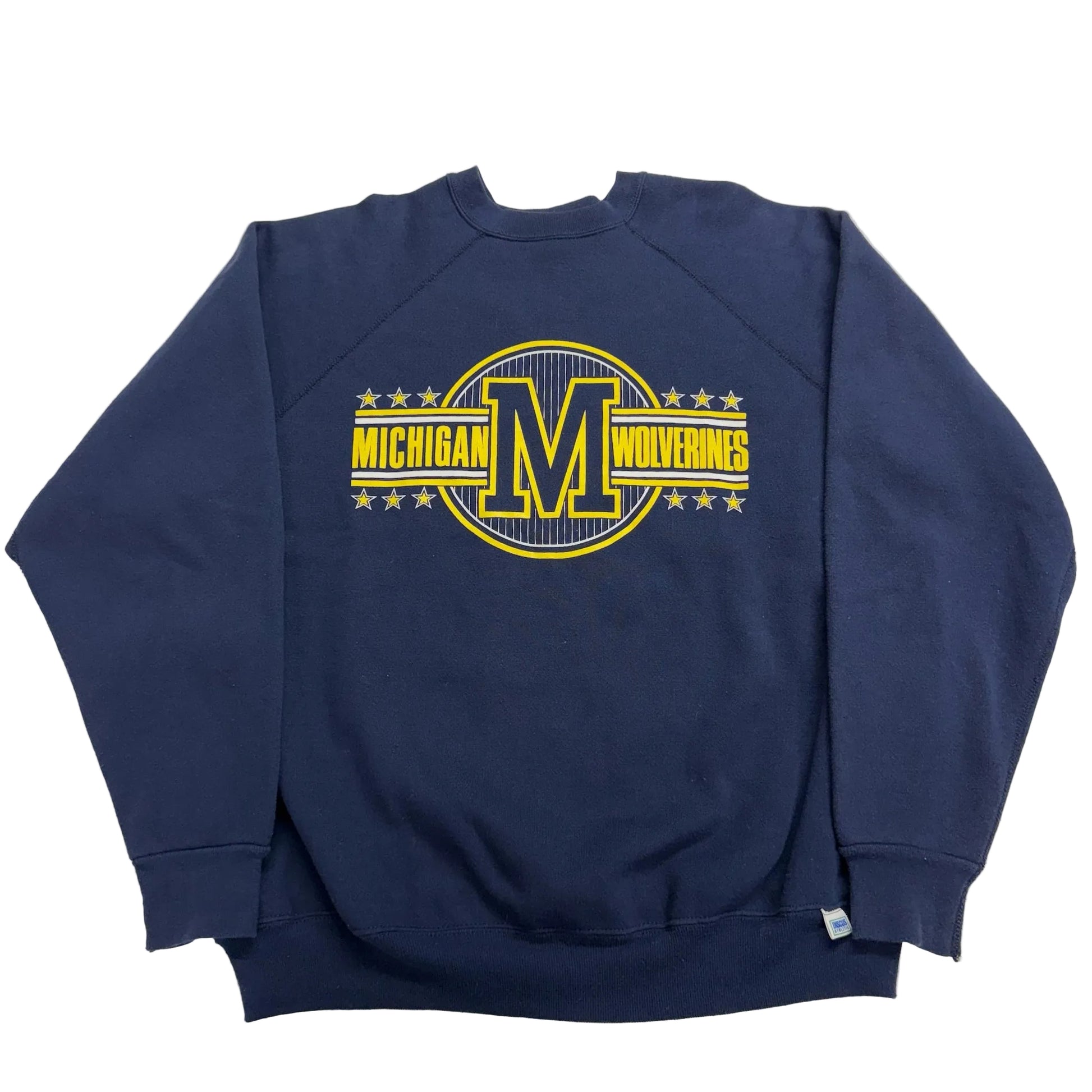 Navy blue sweatshirt with yellow 'Michigan Wolverines' logo on a white background