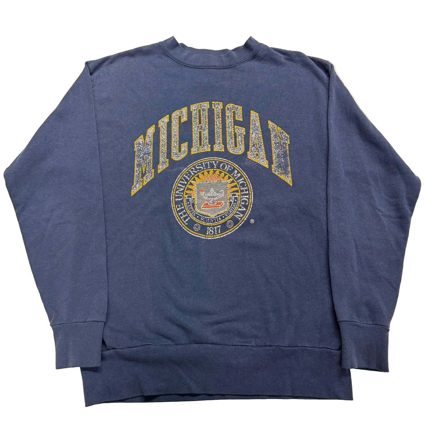 Blue sweatshirt with 'Michigan' text and logo on a light background