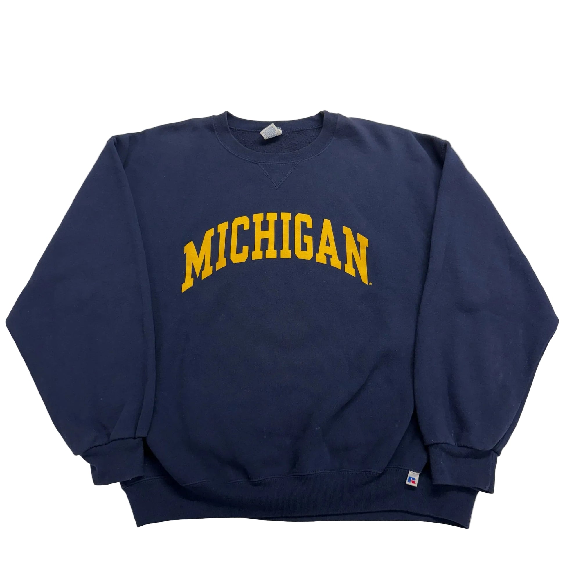 Navy blue sweatshirt with 'MICHIGAN' in yellow on a light gray background