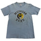 Blue t-shirt with 'Michigan Dead' graphic design on a light gray background