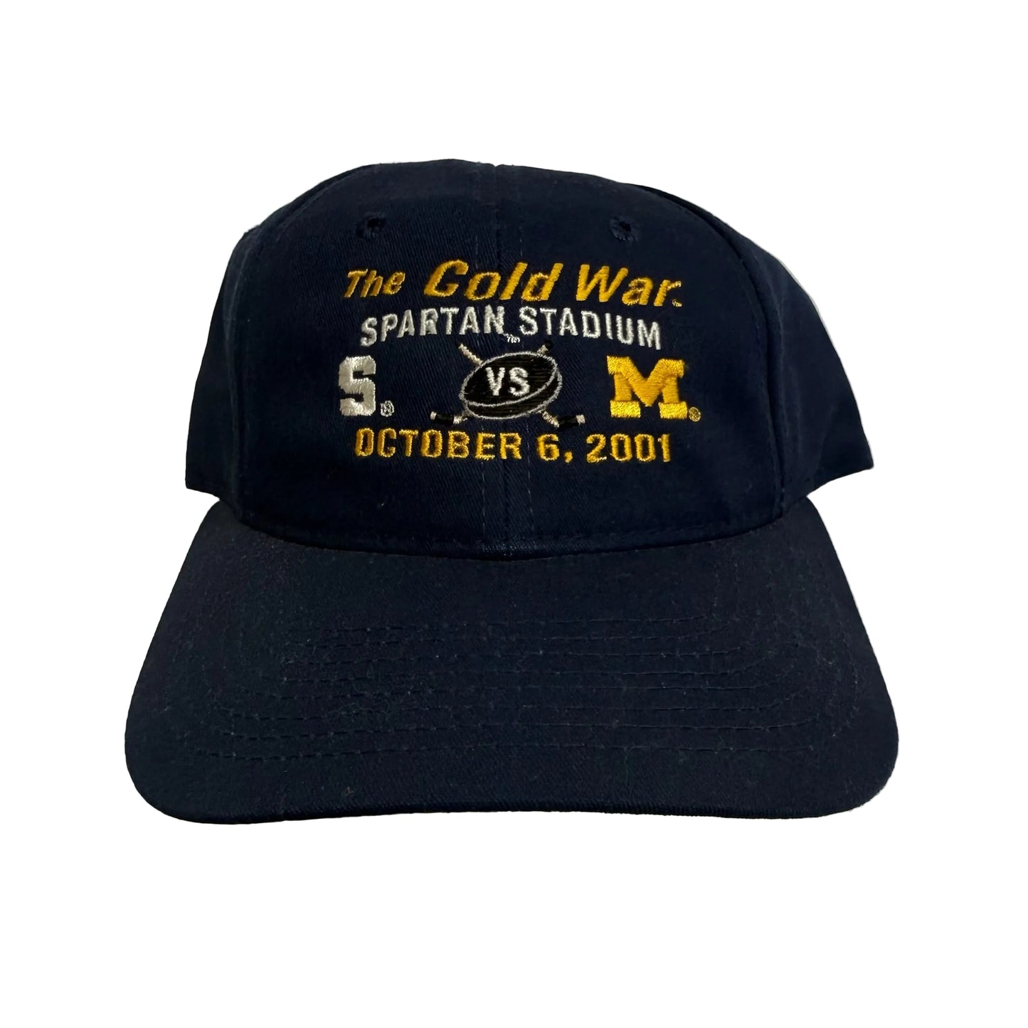 Navy blue cap with embroidered text on a white background