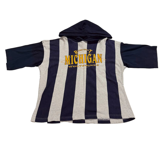 Striped hoodie with 'Michigan' text on a white surface