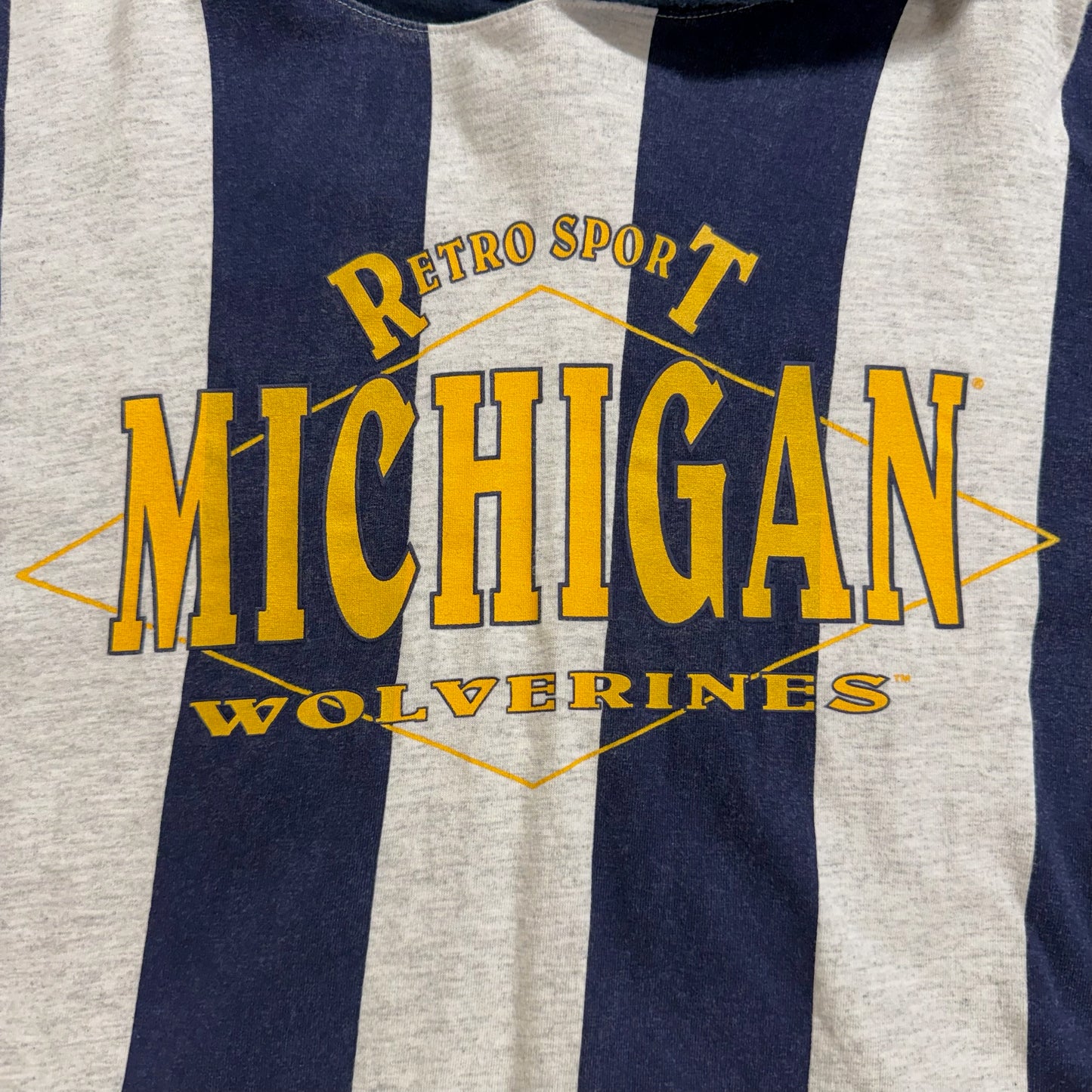 Striped shirt with 'Retro Sport Michigan Wolverines' text on a blue and gray background