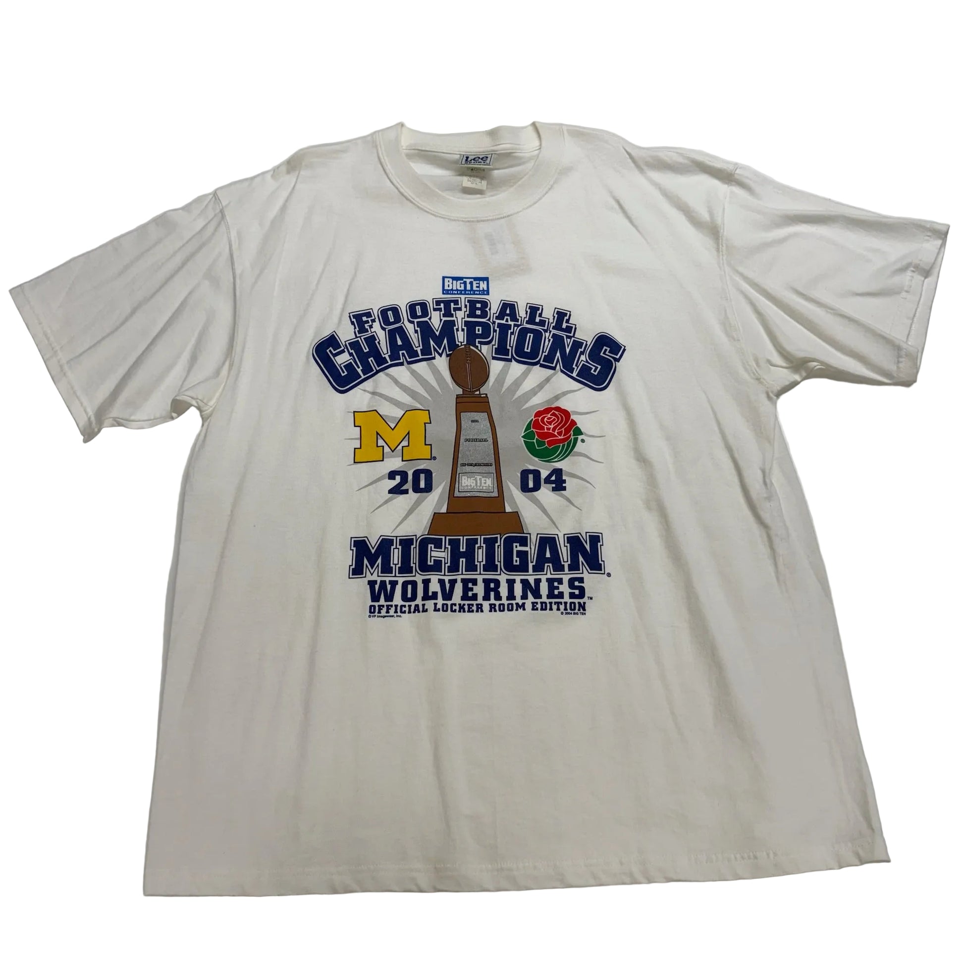 White t-shirt with Michigan Wolverines football champions design on a white background