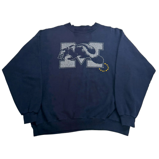 Navy blue sweatshirt with a logo on a white surface