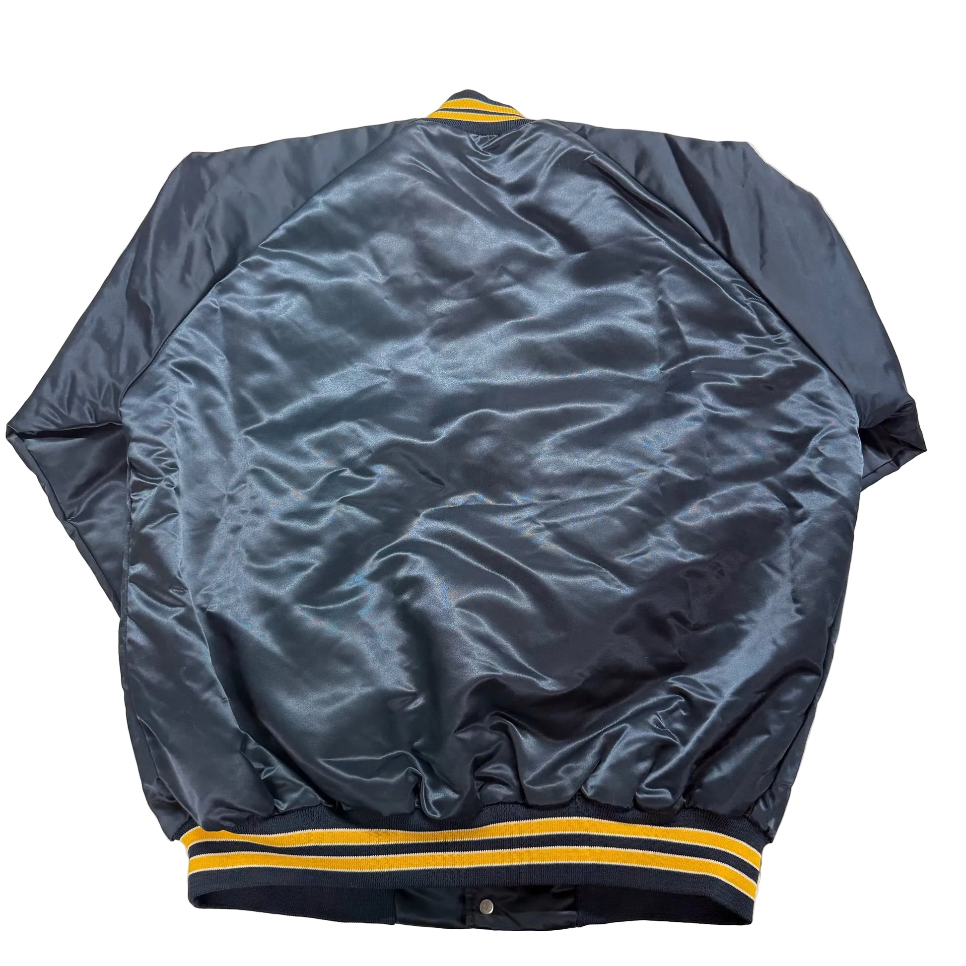 Back view of a blue satin jacket with yellow accents on a white background