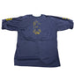 Blue athletic shirt with yellow accents on a white surface