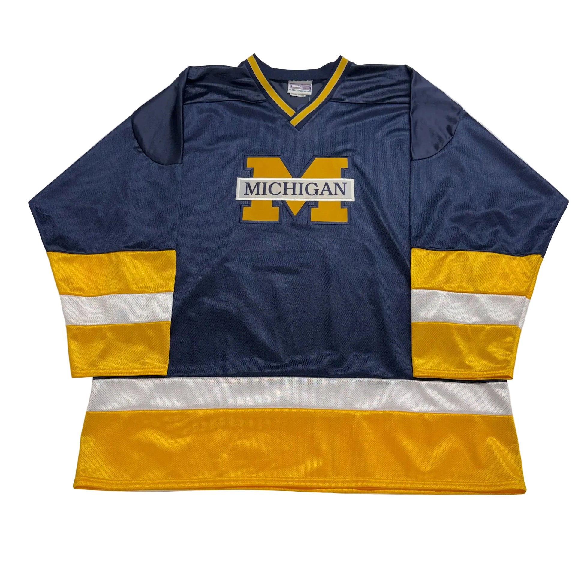 Navy blue sports jersey with yellow and white accents, featuring a large 'M' and 'Michigan' text on a white background.