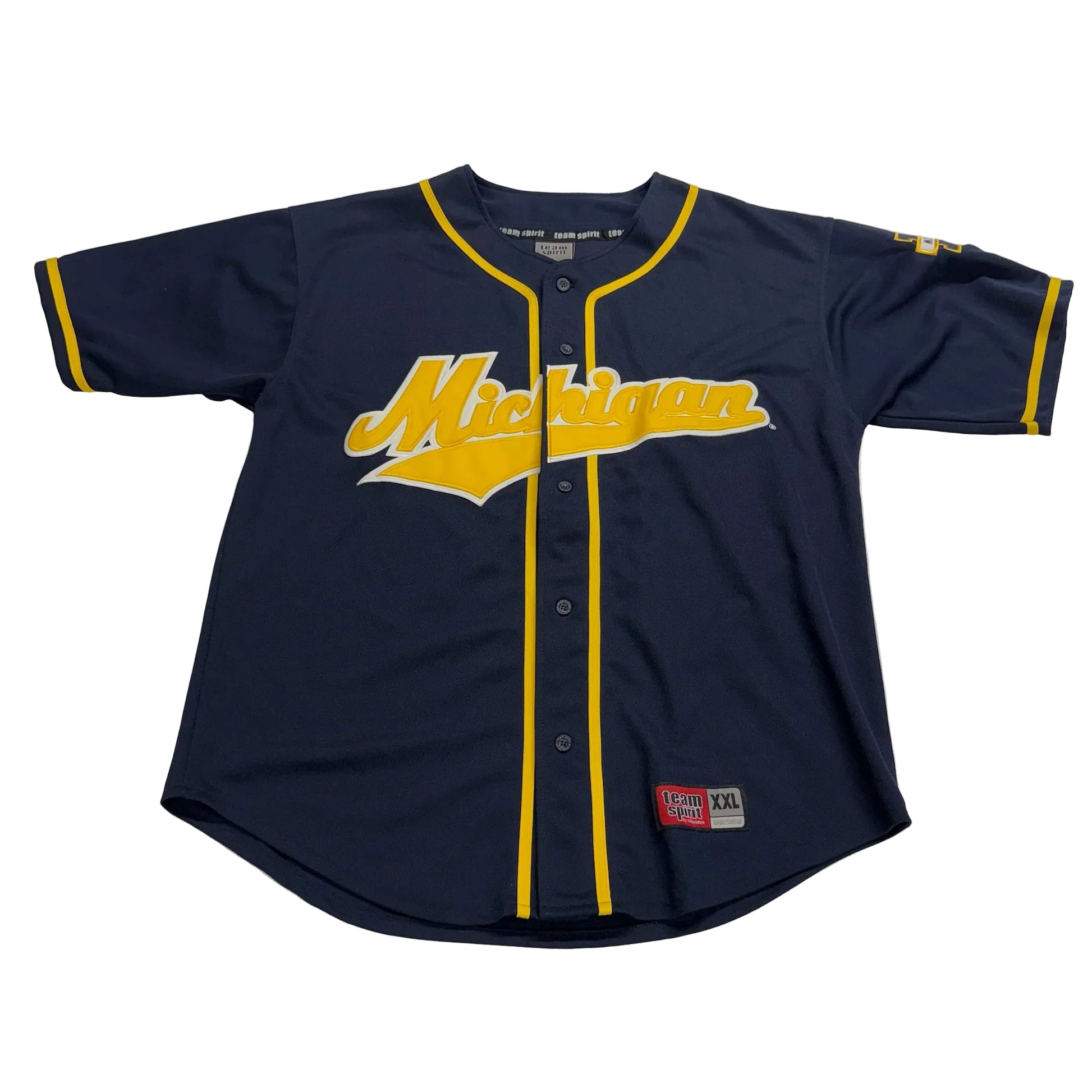 Navy blue baseball jersey with yellow accents and 'Michigan' text on a white background