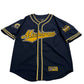 Navy blue baseball jersey with 'Michigan' printed on it, featuring yellow accents, on a white background.