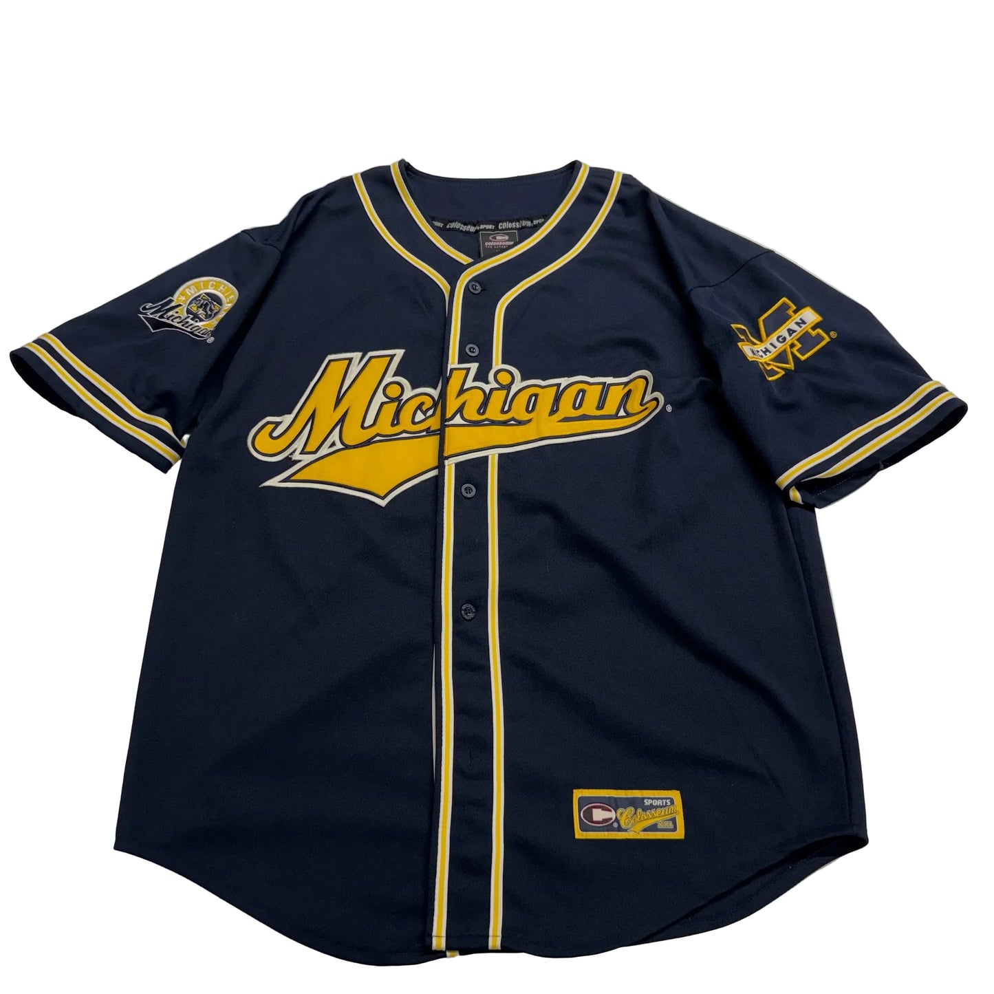 Navy blue baseball jersey with 'Michigan' printed on it, featuring yellow accents, on a white background.
