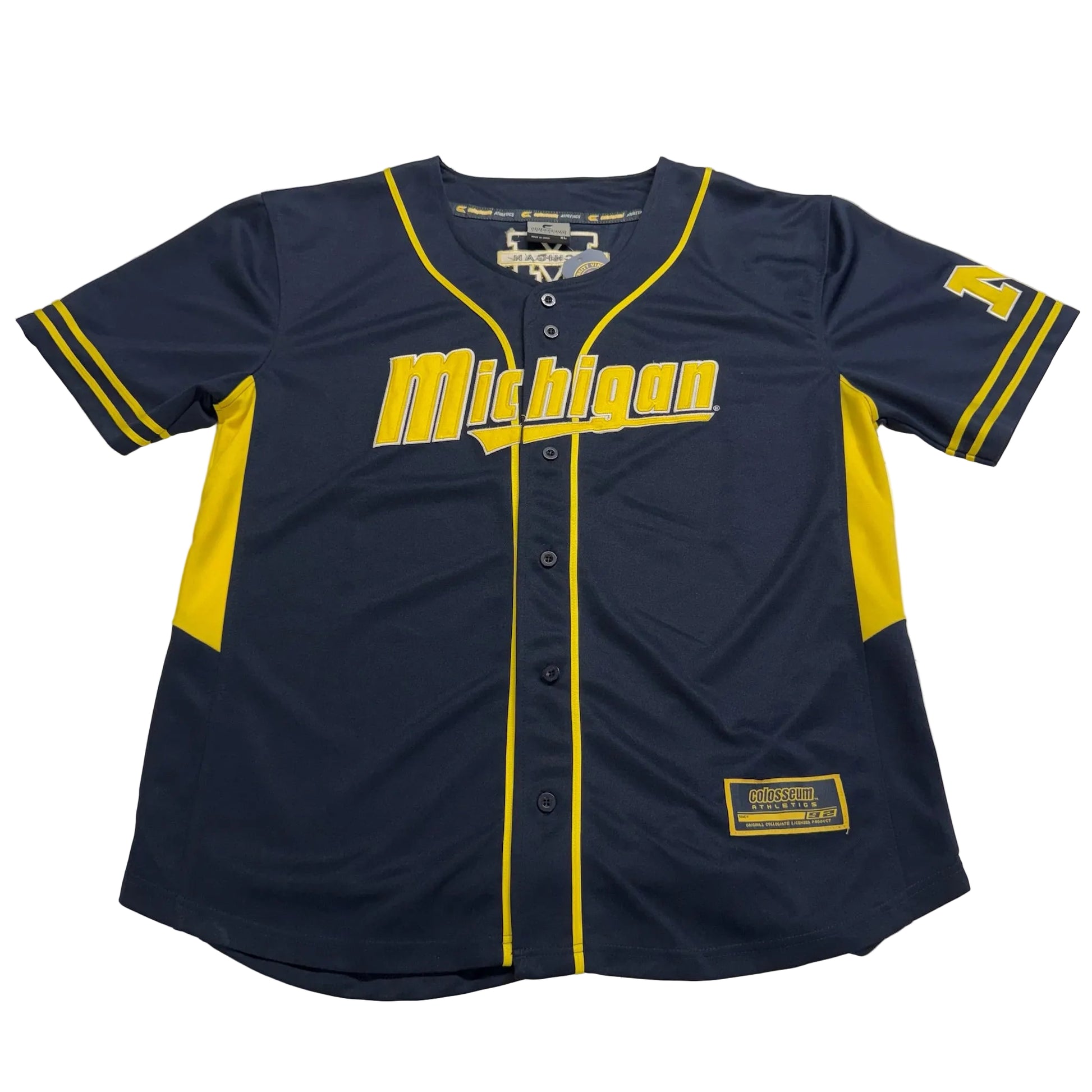 Navy blue baseball jersey with yellow accents and 'Michigan' text on a white background
