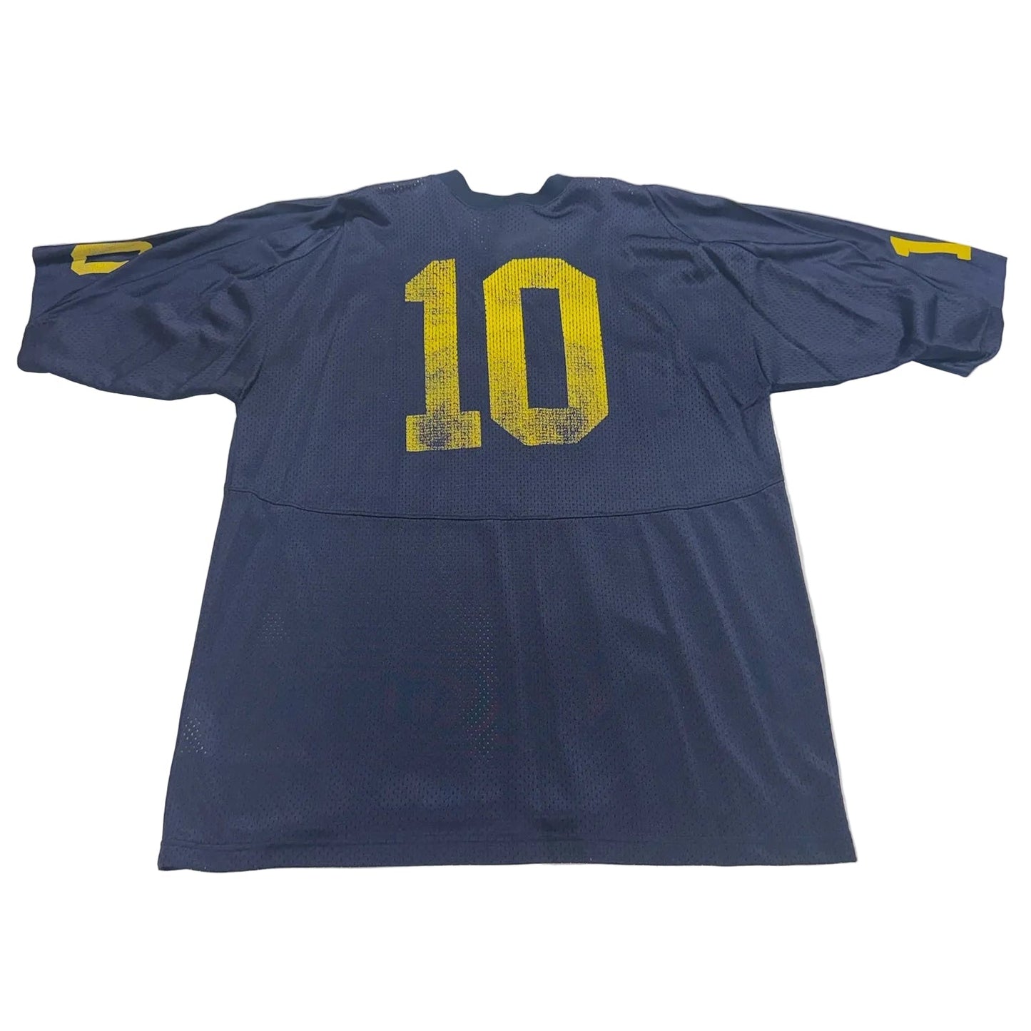 Blue sports jersey with yellow number 10 on a white surface