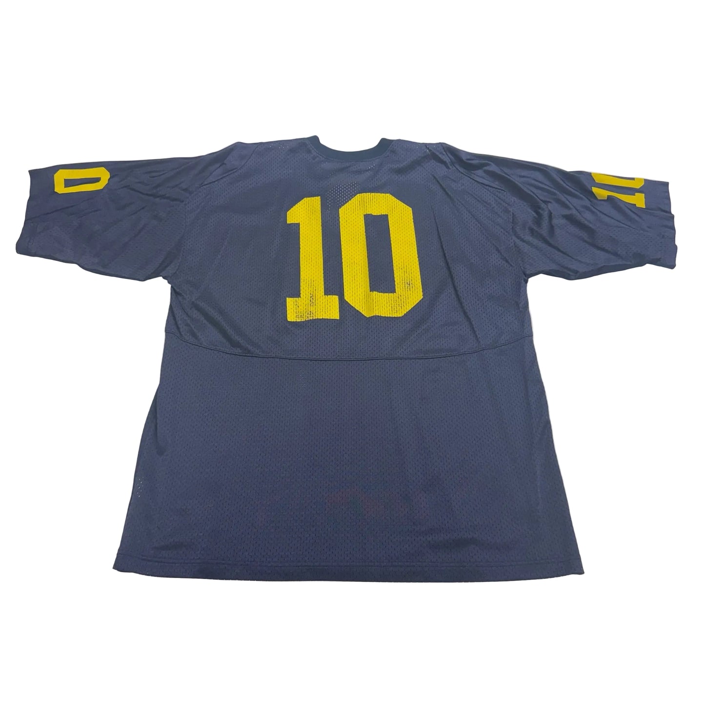 Blue sports jersey with yellow number 10 on a white table