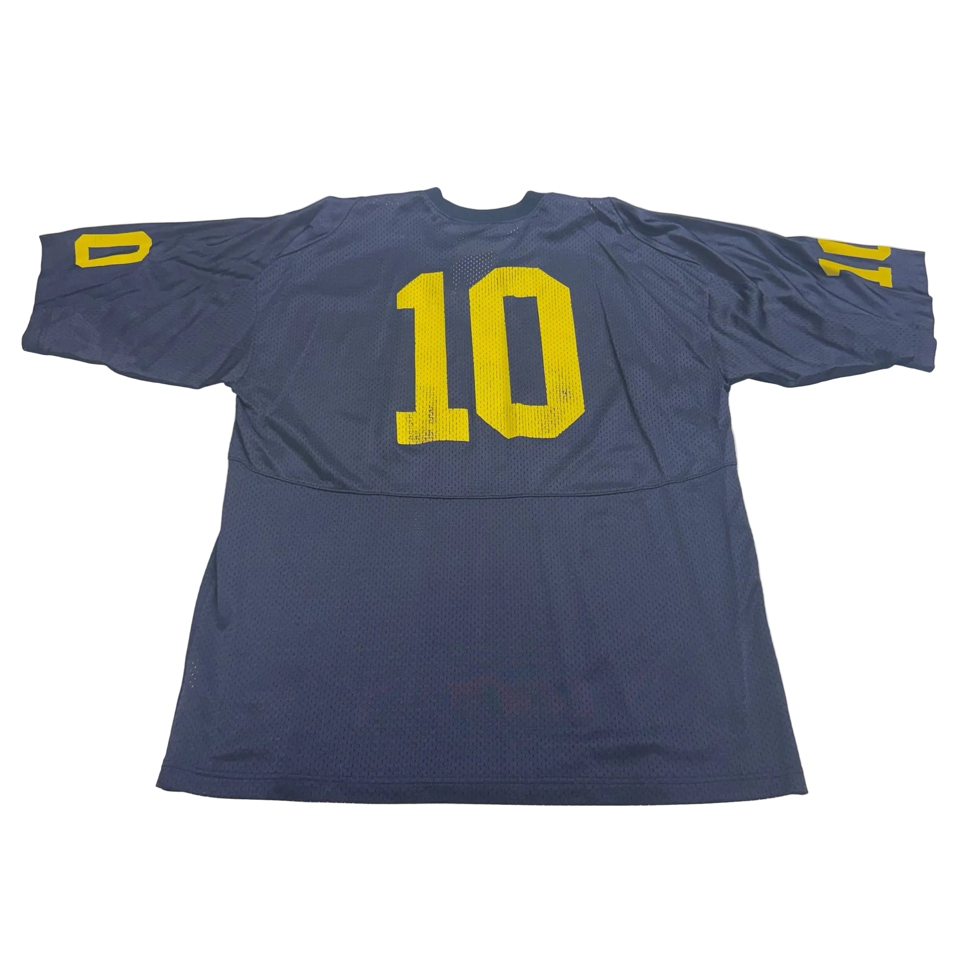 Blue sports jersey with yellow number 10 on a white table