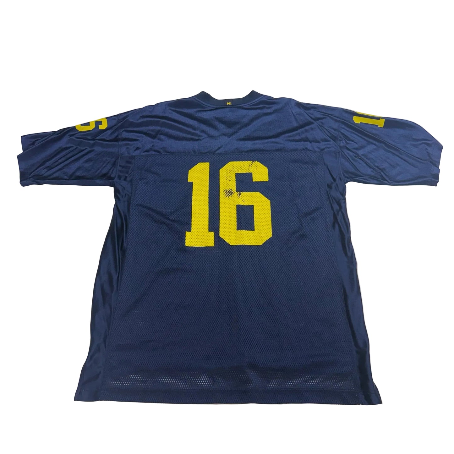 Blue sports jersey with yellow number 16 on a white surface