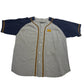 Gray baseball jersey with navy sleeves and a logo on a white background