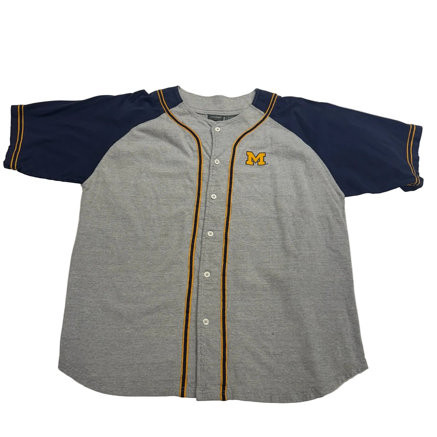 Gray baseball jersey with navy sleeves and a logo on a white background