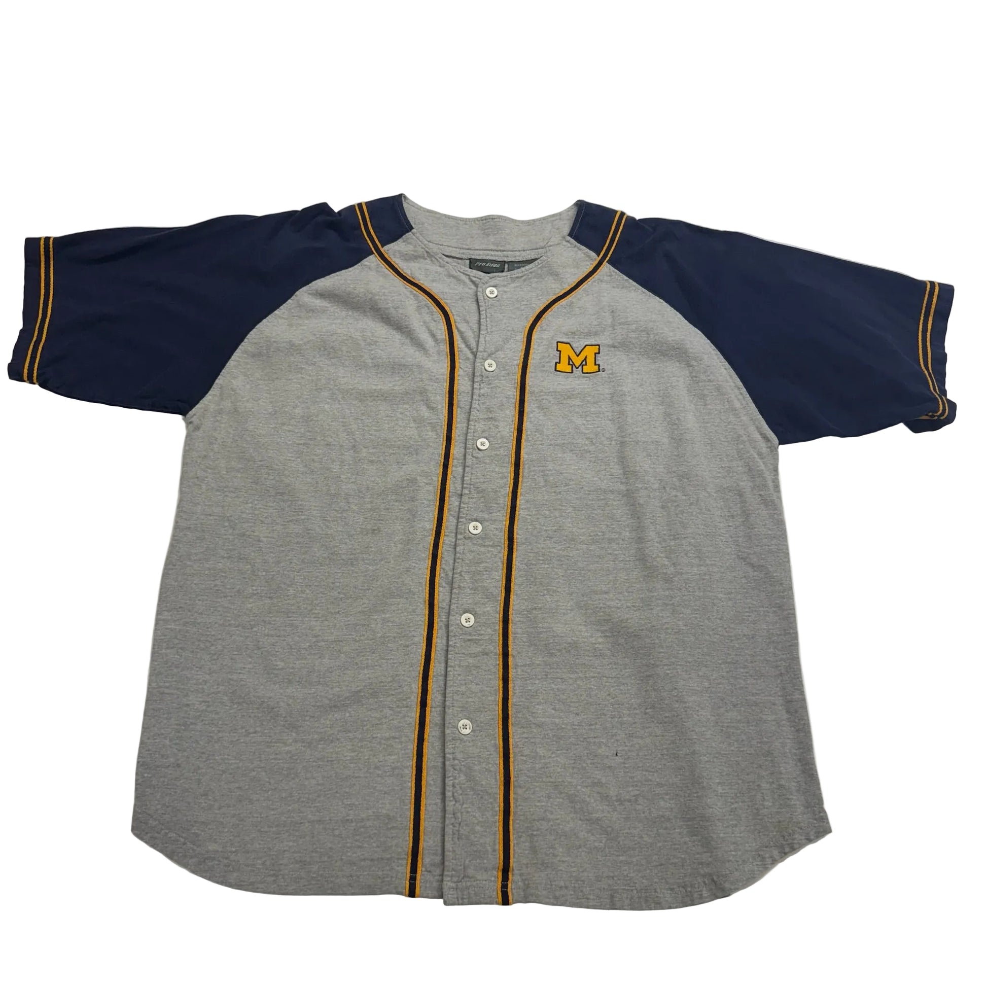 Gray baseball jersey with navy sleeves and a logo on a white background