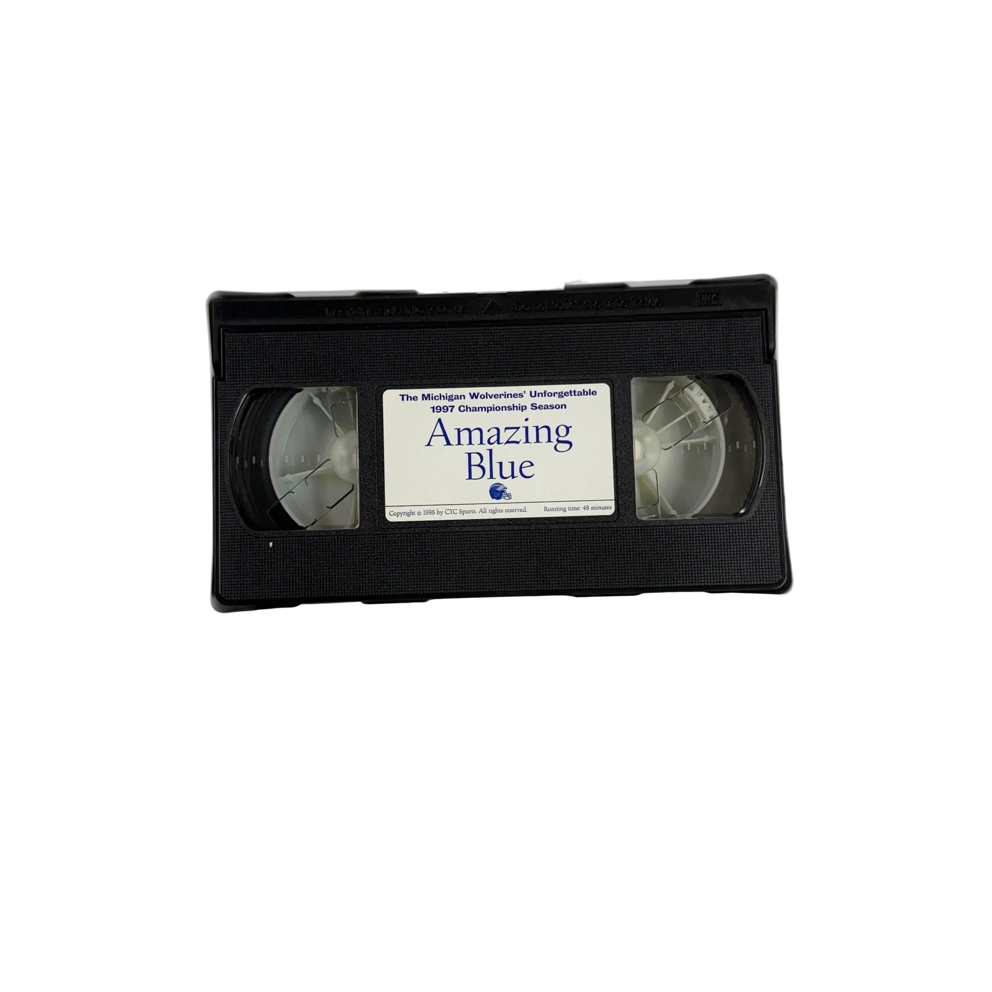 VHS tape labeled 'Amazing Blue' on a white background