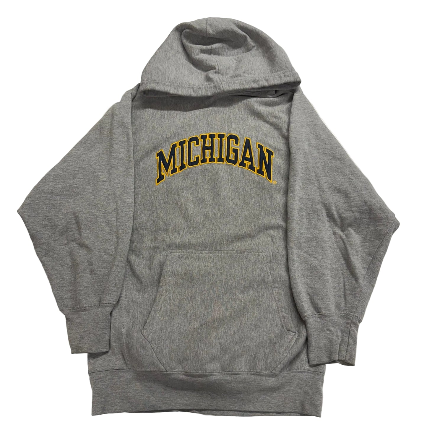 Gray hoodie with 'Michigan' printed on it against a white background