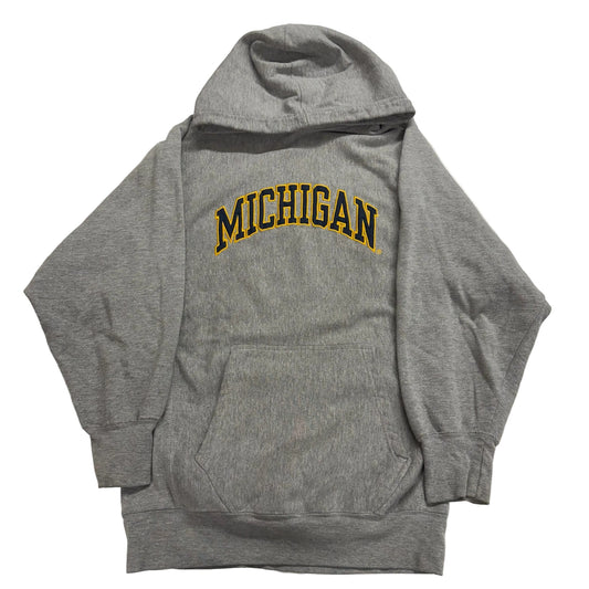 Gray hoodie with 'Michigan' printed on it against a white background