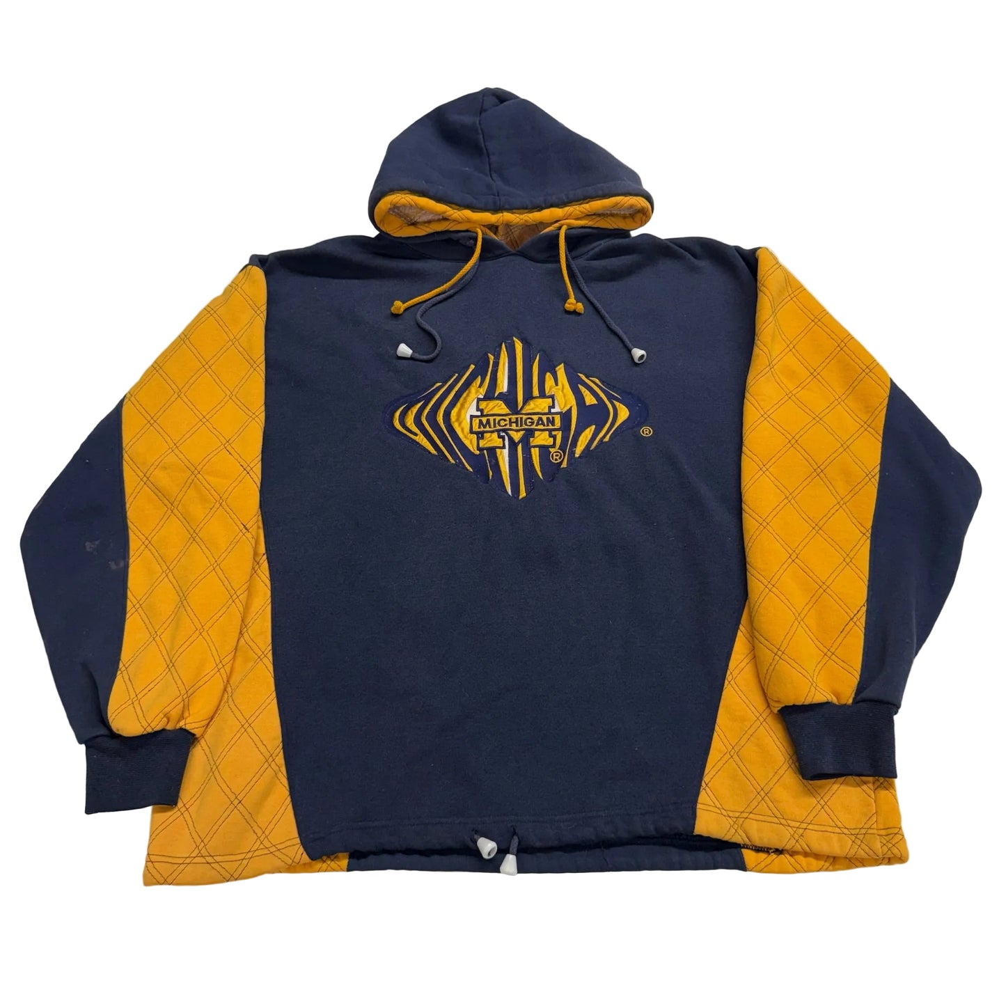 Navy and yellow hoodie with a logo on a white background