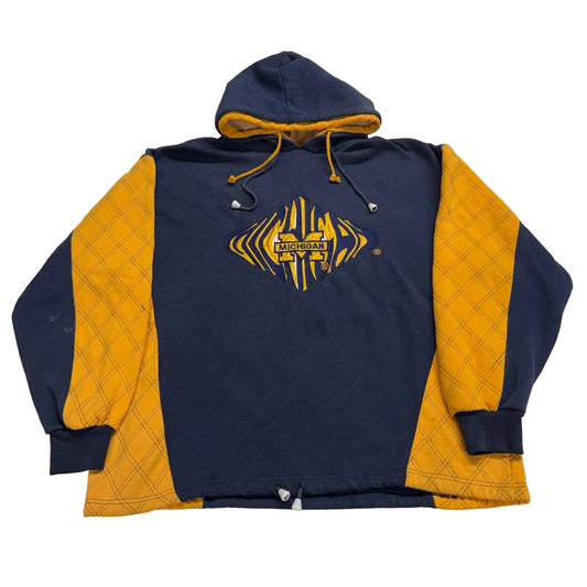Navy and yellow hoodie with a logo on a white background