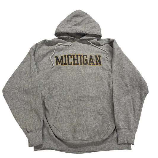 Gray hoodie with 'MICHIGAN' printed on the front against a white background