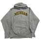 Gray hoodie with 'Michigan' printed on it against a white background