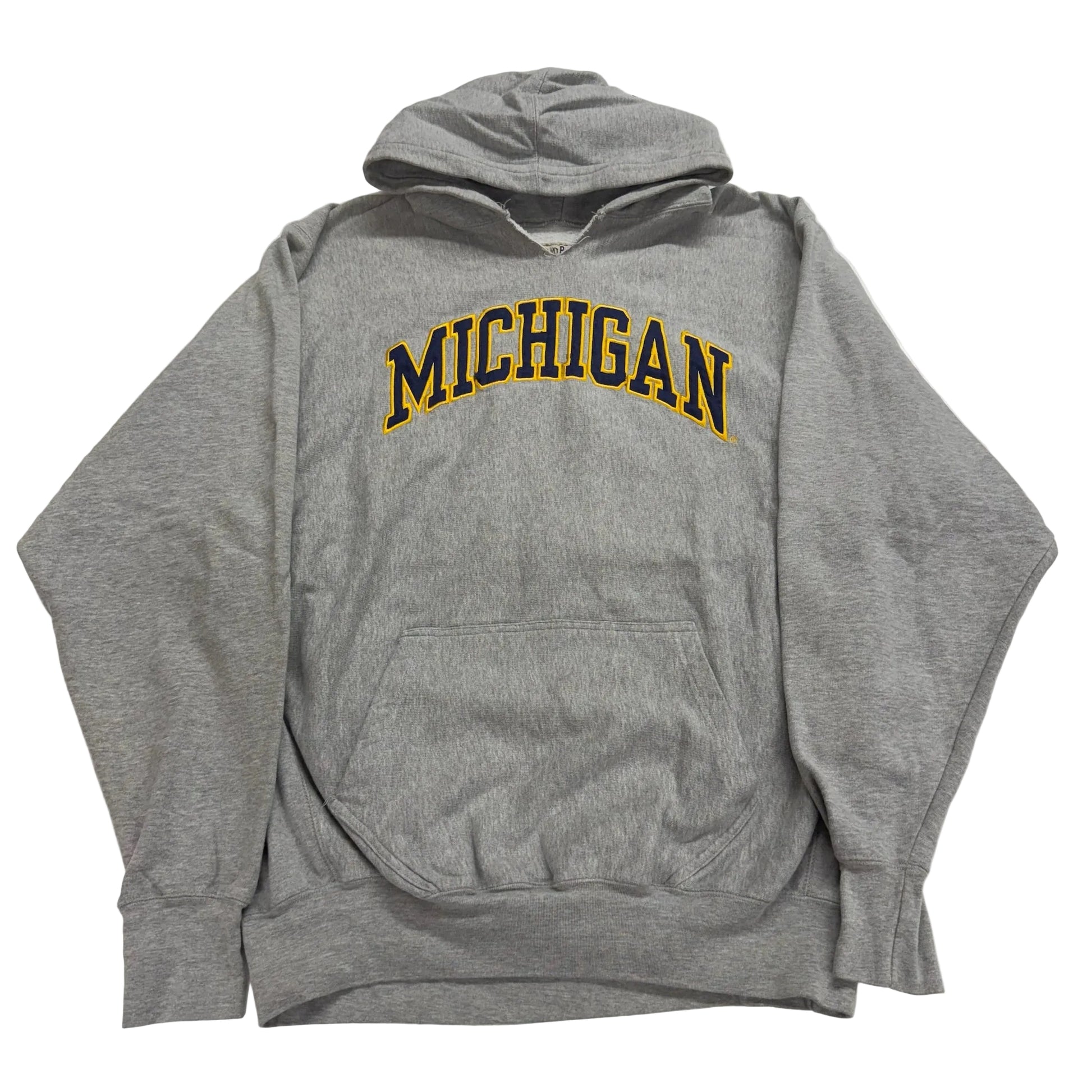 Gray hoodie with 'Michigan' printed on it against a white background