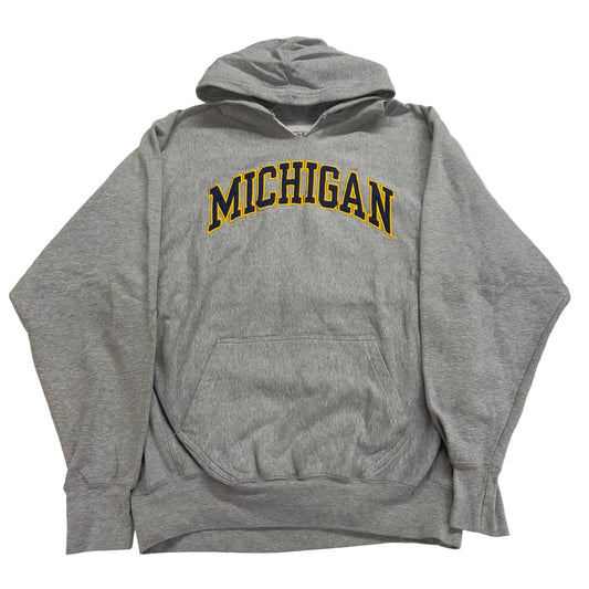 Gray hoodie with 'Michigan' printed on it against a white background