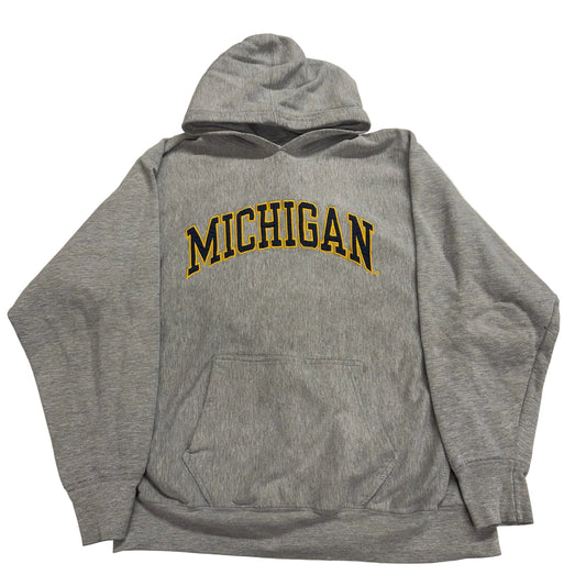 Gray hoodie with 'MICHIGAN' printed on it against a white background