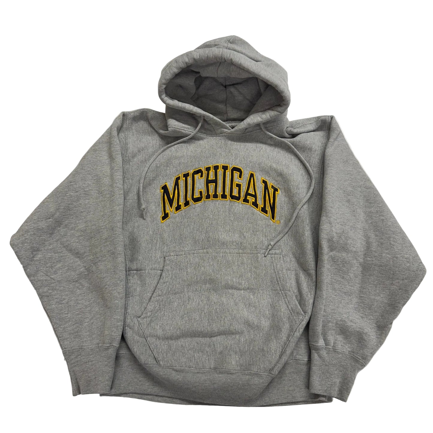 Gray hoodie with 'MICHIGAN' printed in yellow on a white background