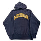 Navy blue hoodie with 'Michigan' printed on the back against a white background