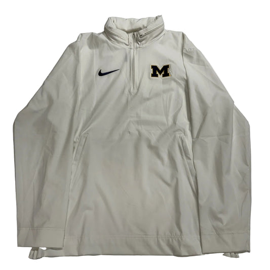 White jacket with Nike logo and 'M' patch on a white background