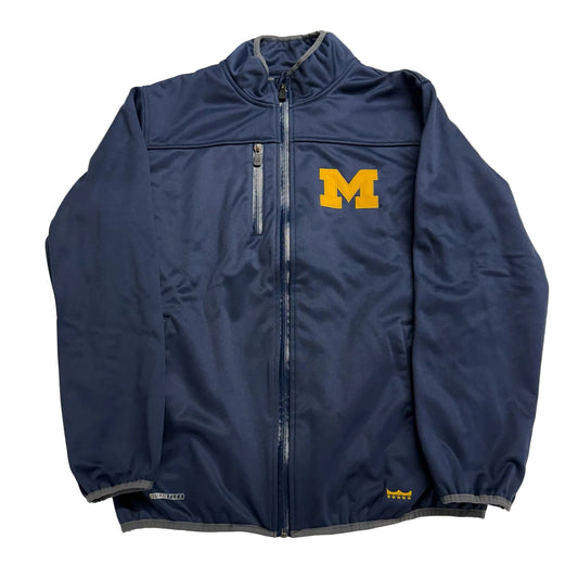 Blue jacket with a yellow 'M' logo on a light gray background