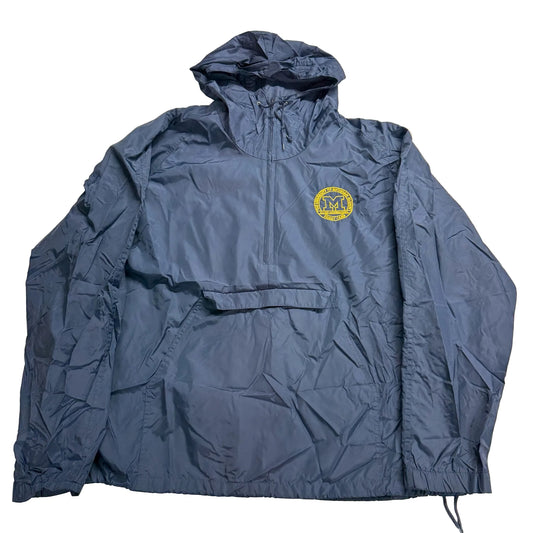Blue jacket with a logo on a beige background
