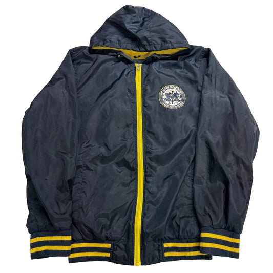 Navy blue jacket with yellow accents on a white background