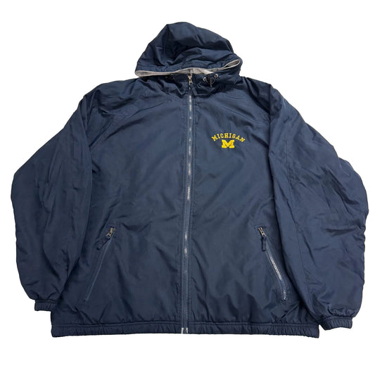 Navy blue jacket with 'Michigan' logo on a white background