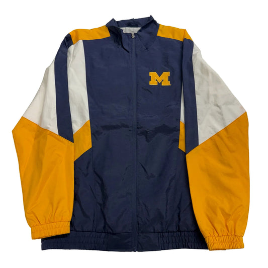 Navy, yellow, and white jacket with a logo on a white background