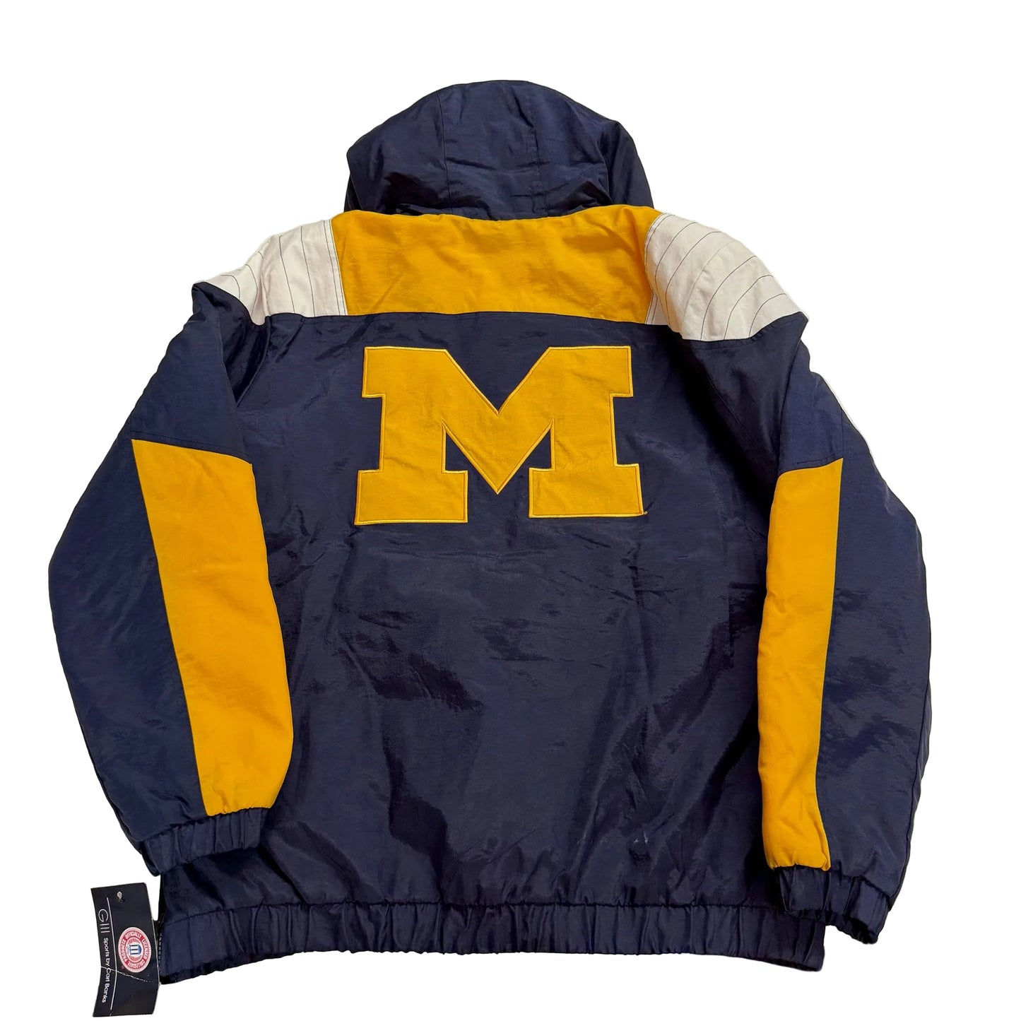 Navy and yellow jacket with a large 'M' logo on the back, displayed on a white surface.